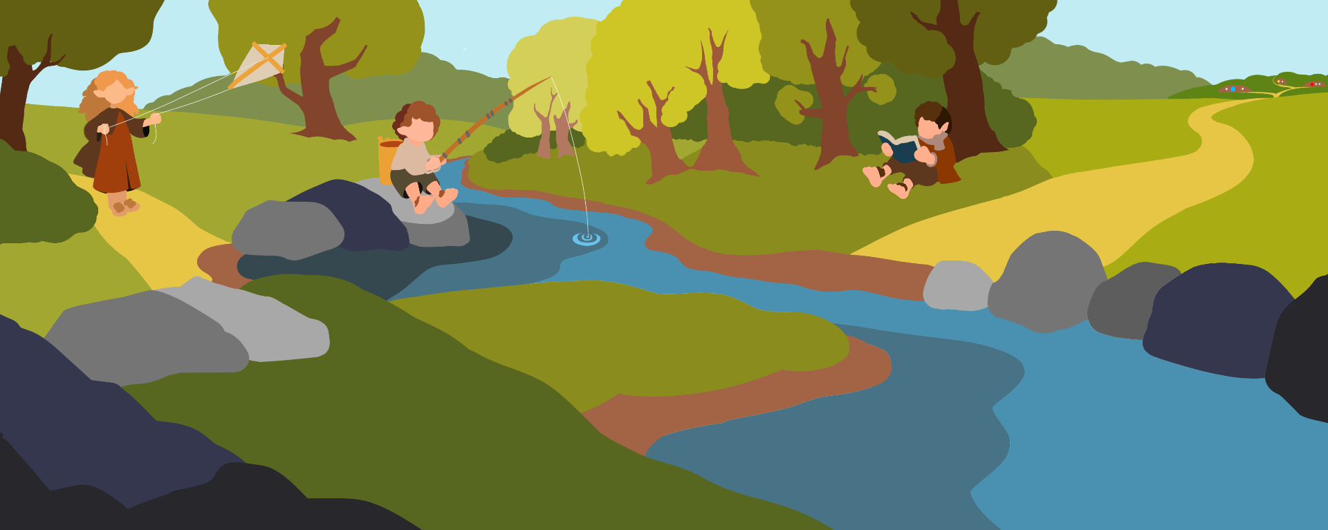 A peaceful afternoon by the river in the Shire — hobbits fishing, flying a kite, and reading under the trees.